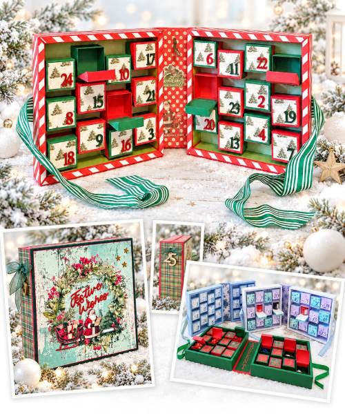 DIY Christmas Advent Calendar featuring decorated compartments and festive embellishments from Dawn's Inspirations online tutorial.