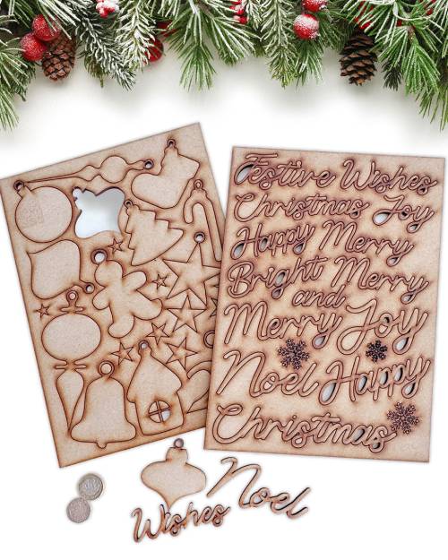Christmas Words and Ornaments MDF craft kit featuring 44 unfinished festive words and decorative shapes by Polkadoodles
