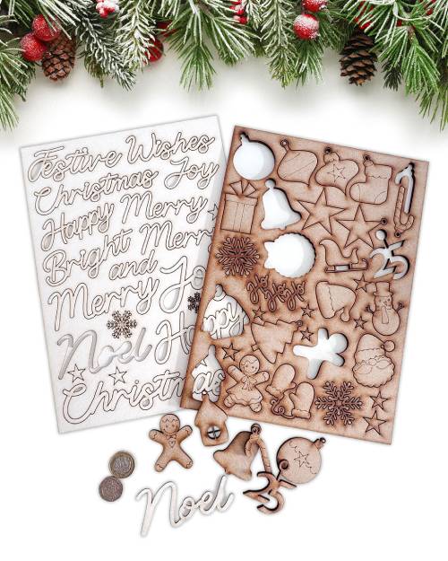 Small Christmas Ornaments and Words MDF and chipboard craft kit containing 52 unfinished festive embellishments